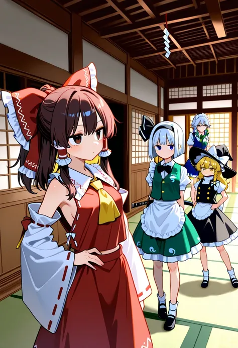 five girls,hakurei reimu,kirisame marisa,komeiji satori,konpaku youmu,izayoi sakuya,touhou,staring at us、line up、shrine、Japanese-style room