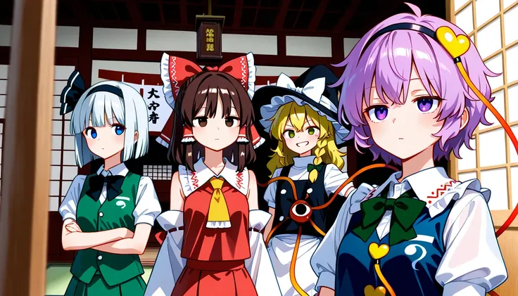 five girls,hakurei reimu,kirisame marisa,komeiji satori,konpaku youmu,izayoi sakuya,touhou,staring at us、line up、shrine、Japanese-style room