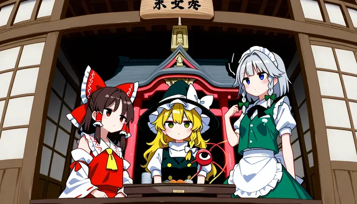 five girls,hakurei reimu,kirisame marisa,komeiji satori,konpaku youmu,izayoi sakuya,touhou,staring at us、line up、shrine、Japanese-style room