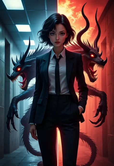 dual identity, ordinary person, demon, split screen, full body, on left side one woman is wearing office suit, on right side one woman is a demon, anime, ray tracing, cinematic lighting, wide shot, Wide-Angle, masterpiece, anatomically correct, high detail...