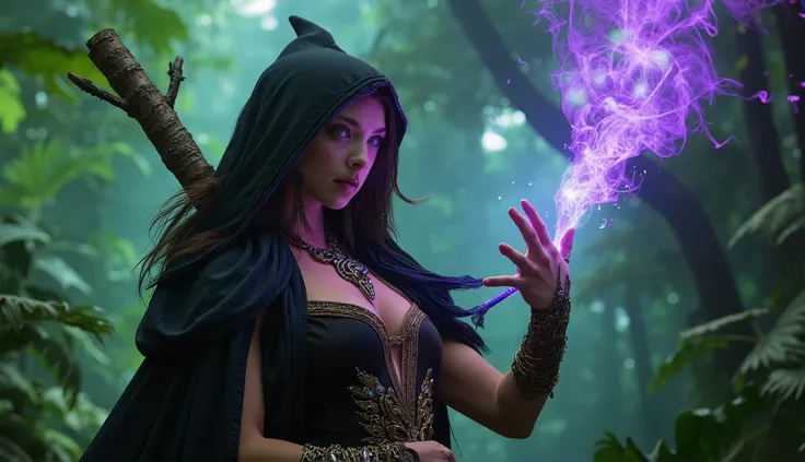 Image from waist up, Natures tree Mage carries a long, wooden, jewel encrusted staff. Realistic bright green iris eyes, light tanned skin, physically fit, voluptuous female, dark hood with gold and silver trim, witch Mage, Henna tattoos. Wearing a waist be...