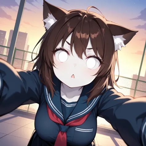 school rooftop at sunset, chain-link fence, glowing sky, distant city view, warm lighting, nostalgic atmosphere, dutch angle, soft depth of field, subject in sharp focus, looking up at viewer, face focus, pale skin, (solo, 1girl, nekomata, dark brown hair,...