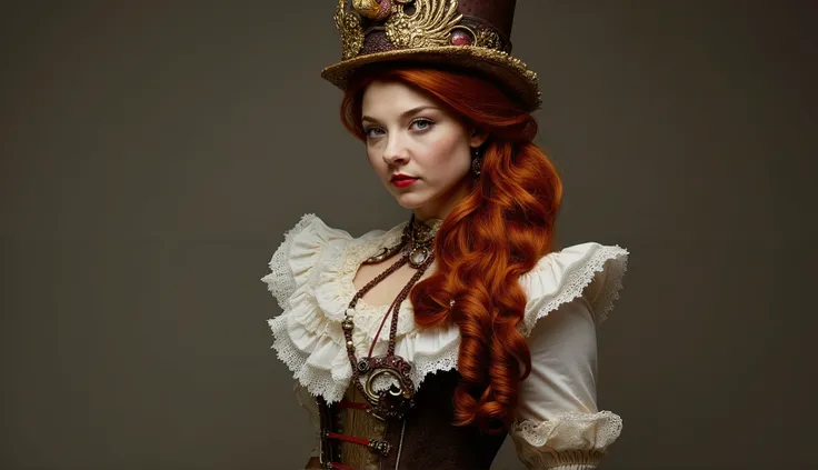 Create a photorealistic portrait of a stunningly beautiful red haired woman posing in a professional photo studio. She should be dressed in an intricately detailed steampunk outfit that highlights her beauty. The background should be plain to emphasize her...