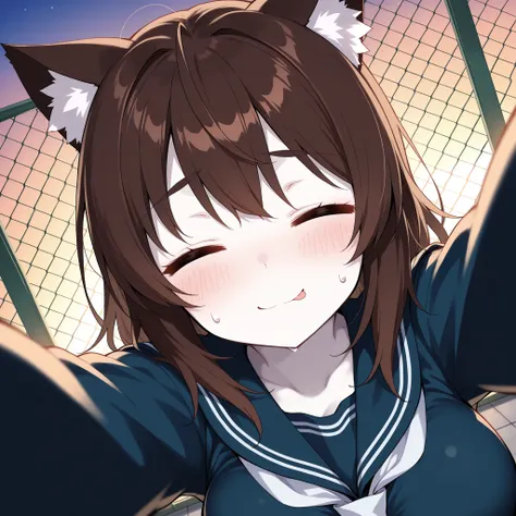 school rooftop at sunset, chain-link fence, glowing sky, distant city view, warm lighting, nostalgic atmosphere, dutch angle, soft depth of field, subject in sharp focus, looking up at viewer, face focus, pale skin, (solo, 1girl, nekomata, dark brown hair,...