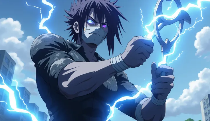 A powerful anime male character with spiky black hair and glowing rainbow eyes, wearing a cracked white half-mask. He is in a dynamic battle pose on a school rooftop, wielding two metal ladles charged with bright blue lightning. Electricity surrounds him d...