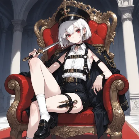 ((Best quality)), ((masterpieces)), (detailed), perfect face, SOLO, ((femboy)), tomgirl, ANIME, beautiful detailed eyes, BOB hair, BOBed hair, white hair, RED EYES, BARE thighs, (((BARE LEG))), ((BLACK short pants)), (((dress shirt))), ((Flat chest)), Chok...