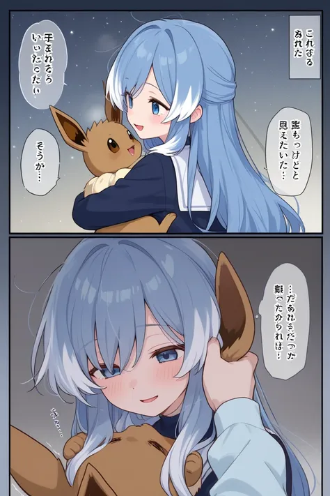A kitsune comic age girl with kitsune ears with long hair half blue with white tips and half black covering her ears a little disheveled, with sky blue eyes, Happy with her partner Eevee hugging him
