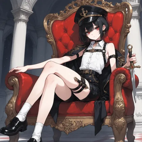 ((Best quality)), ((masterpieces)), (detailed), perfect face, SOLO, ((femboy)), tomgirl, ANIME, beautiful detailed eyes, BOB hair, BOBed hair, black hair, RED EYES, BARE thighs, (((BARE LEG))), ((BLACK short pants)), (((dress shirt))), ((Flat chest)), Chok...