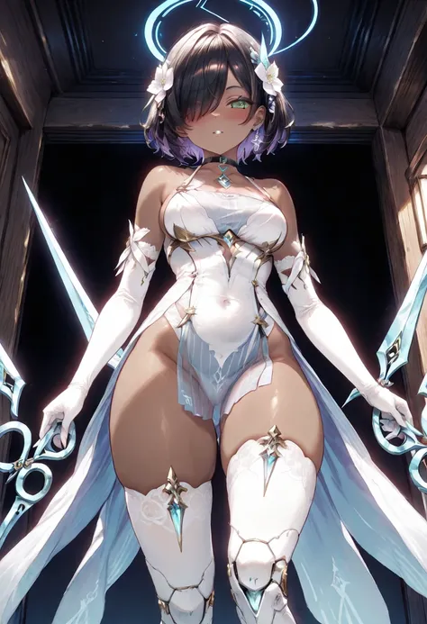 1 girl, , black hair, black hair,short hair, short hair, bangs cover the forehead, hair over one eye, hair covers one eye, hair cover one eye, big green eyes, purple makeup ar eyes, little blushing, little blushing, black choker, big breast, big breast, me...