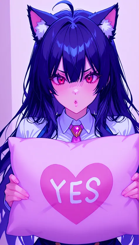  , junkotvvxl , red eyes, black hair, cat ears, blows, hair between eyes, long hair, , (Ahoge), straight bangs, hair between eyes,
 Yes-pillow, heart, texto con la palabra ((neo)) rodeado de un corazon rojo.