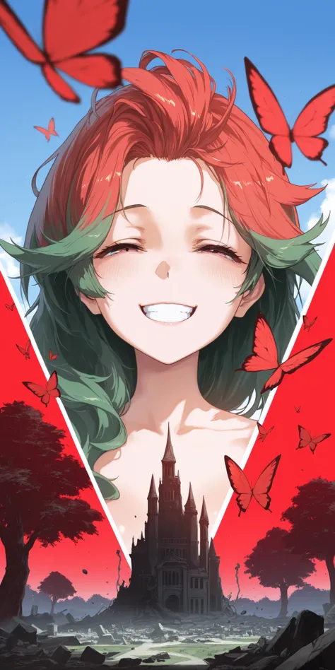 masterpiece, best quality, amazing quality, splitscreen,(by Hakika:0.48), (by B-ginga:0.2),(by dino \(dinoartforame\):0.9), close-up
BREAK 1girl,mature female, green hair, spiky hair, smiling, blue sky, park, trees, butterflies,
BREAK 1girl, mature female...
