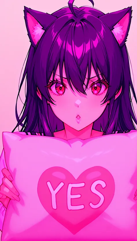 una chica, sola, alone , red eyes, black hair, cat ears, blows, hair between eyes, long hair, , (Ahoge), straight bangs, hair between eyes,
 Yes-pillow, heart, texto con la palabra ((neo)) rodeado de un corazon rojo.