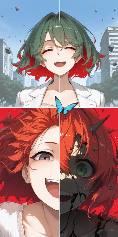 masterpiece, best quality, amazing quality, splitscreen,(by Hakika:0.48), (by B-ginga:0.2),(by dino \(dinoartforame\):0.9), close-up
BREAK 1girl,mature female, green hair, spiky hair, white dress, smiling, blue sky, park, trees, butterflies,
BREAK 1girl, ...