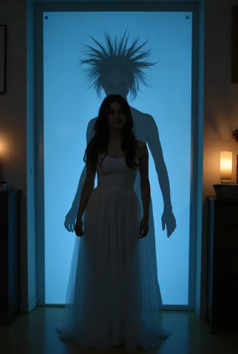 "Create an ultra-high-resolution, realistic live-action image of Jenna Ortega in a single, captivating scene that highlights her dual identities. Position Jenna in a dimly lit, atmospheric room, with a soft, diffused light source illuminating her from the ...
