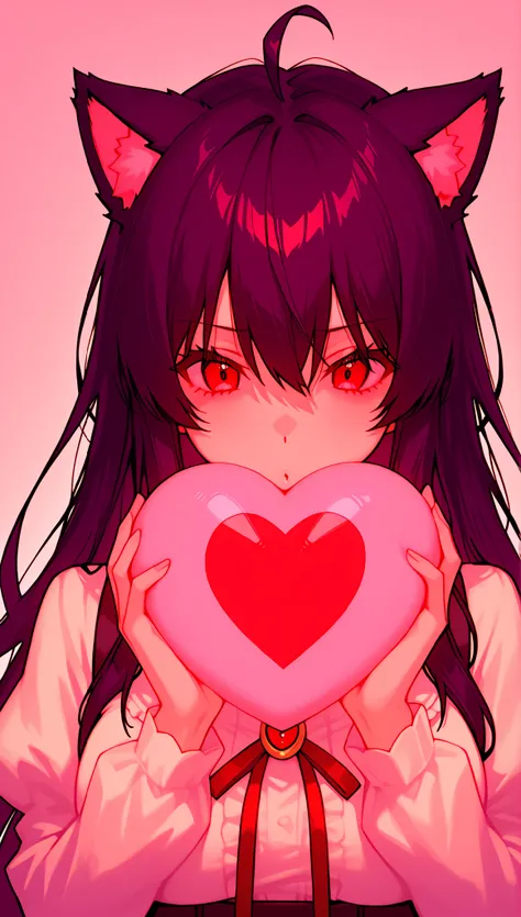una chica, sola, alone , red eyes, black hair, cat ears, blows, hair between eyes, long hair, , (Ahoge), straight bangs, hair between eyes,
 NEO-pillow, heart, (texto: ((neo))) rodeado de un corazon rojo.