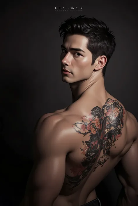 Sexy brunette man with samurai tattoo on his back