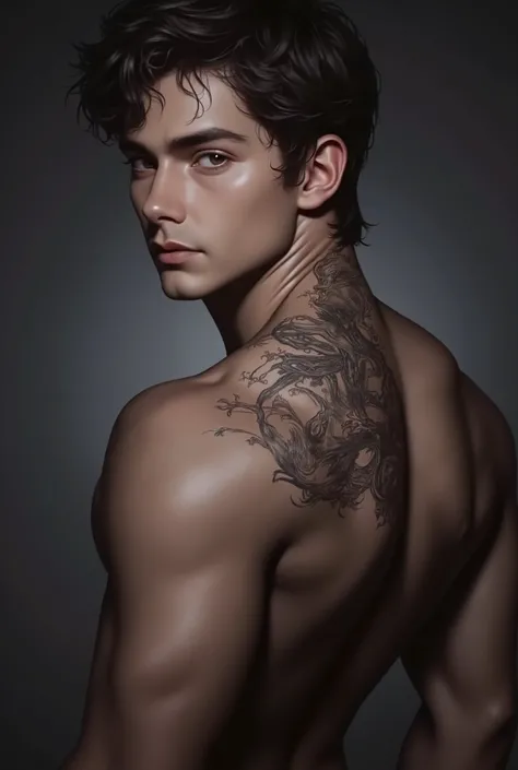 Sexy brunette man with samurai tattoo on his back