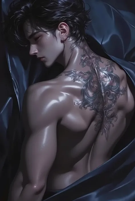Sexy black man with samurai tattoo on his back