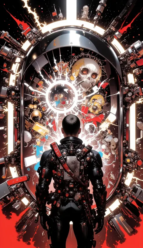 A man in a black astronaut suit in a time machine observes the flow of the space-time continuum 