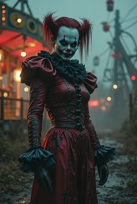 a terrifying supervillain clown in a red and black suit, She's in an abandoned amusement park at night