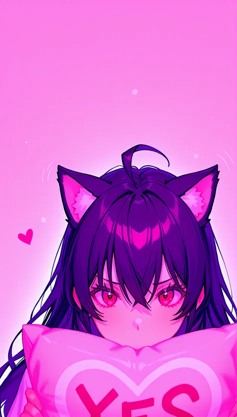una chica, sola, alone , red eyes, black hair, cat ears, blows, hair between eyes, long hair, , (Ahoge), straight bangs, hair between eyes,
 Yes-pillow, heart, la almohada tiene el texto de "NEO" en grande y mayúsculas