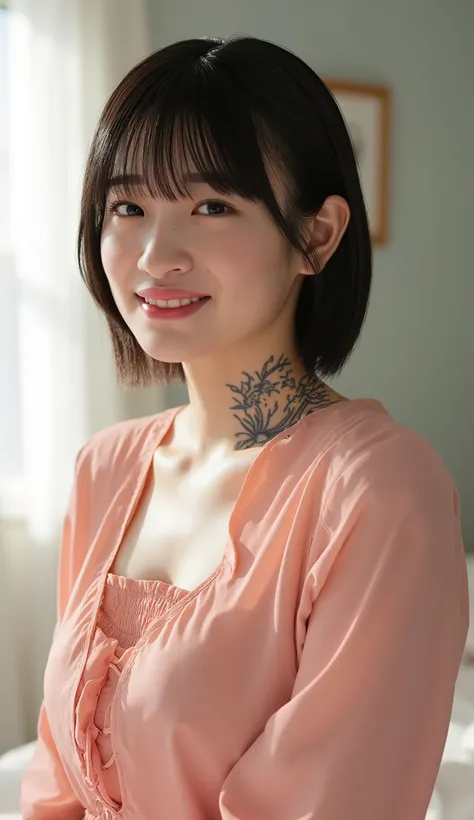 Photorealistic , 8K,kojima nagisa, neck and shoulder tattoo, short black hair, pink blouse, bedroom, bright sunny day