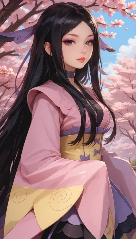 zzValerie, long hair, black hair, big black eyes, highly detailed face, glossy detailed lips, parted bangs, eyeshadow, hair ornament, black pantyhose, choker, dress, furisode, highly detailed clothing, japanese clothes, kimono, long flowing sleeves that co...