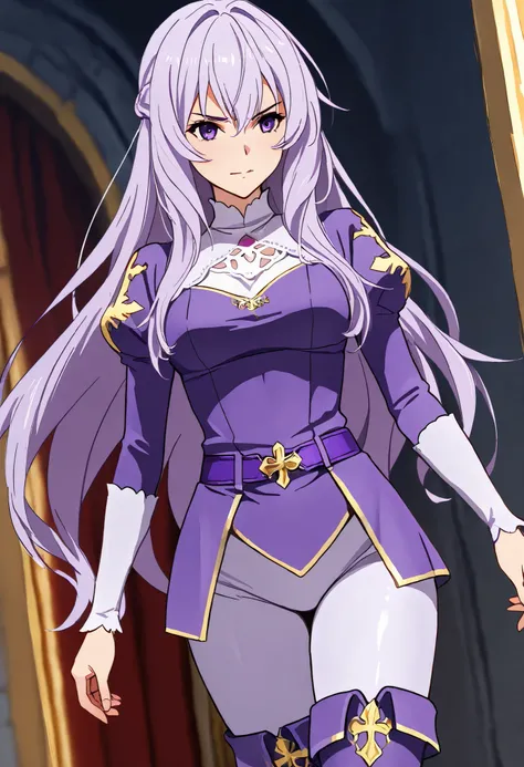 solo, ctiancelesti4, long hair, purple hair, purple eyes, in a castle, medieval noble, medieval princess, purple top, wight tight pants, purple belt, white and purple boots, white and purple thigh boots, outfit with purple finishes, fantasy style, dominant...