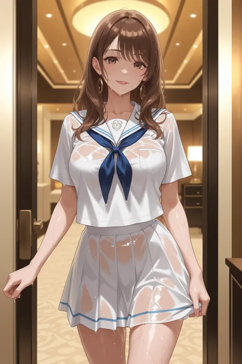 medium brown haired woman in wet school uniform、Luxury Resort Hotel