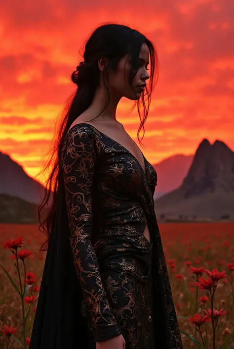 Ultra-detailed, hyperrealistic cinematic shot — low-angle, close mid-shot of a young woman resembling Jenna Ortega standing barefoot in a decaying field under a blood-red sky. Her figure is wrapped in an intricate black-and-silver ceremonial robe, laced wi...