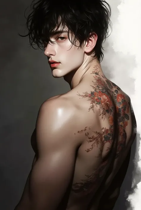 Sexy brunette man with samurai tattoo on his back