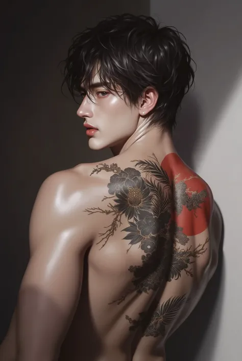 Sexy brunette man with samurai tattoo on his back