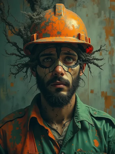 A builder in an orange construction helmet and a green work uniform ,A man living a double life , human dual personality, me and my shadow, me and my inner demon, is an ordinary person and his sick and ominous mental reflection, the second evil person