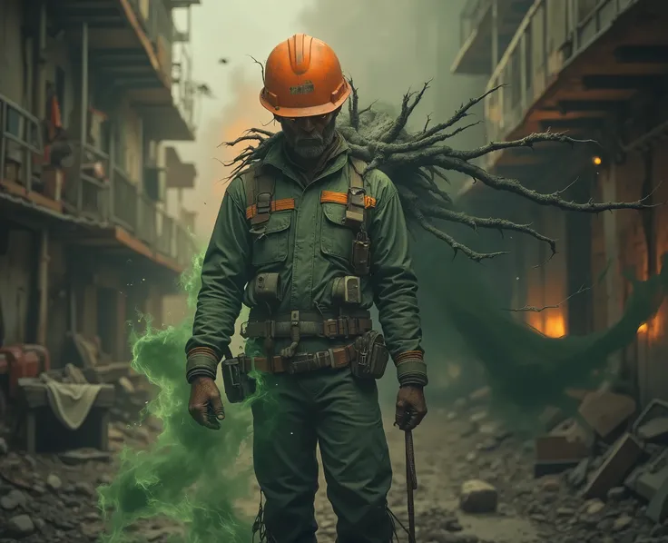 A builder in an orange construction helmet and a green work uniform ,A man living a double life , human dual personality, me and my shadow, me and my inner demon, is an ordinary person and his sick and ominous mental reflection, the second evil person