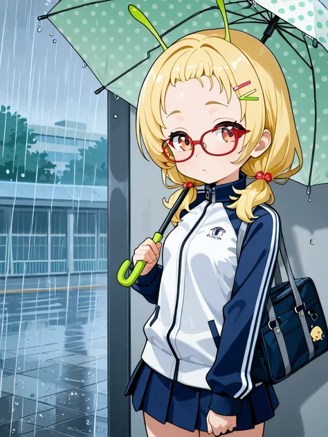 A blonde female student with messy twin tails is holding a polka dot umbrella. She is wearing glasses, a navy blue tracksuit over her uniform, a school bag hanging from her shoulder, her white uniform is slightly visible, she has small breasts, a pink chec...