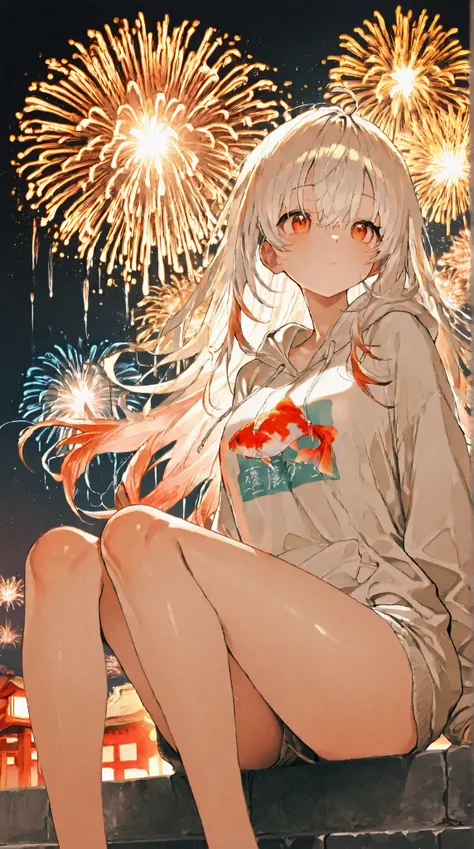 Highest Quality、masterpiece、RAW pictures、film grain、８ｋ、ultra high resolution、very cute woman、goldfish、白地に赤の小さいgoldfish柄の浴衣、、Watching the fireworks on the embankment、Big fireworks、The coolness of a late summer night