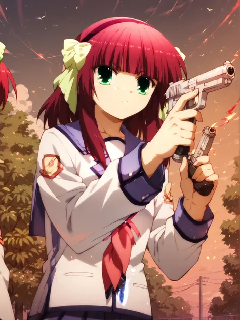 top quality、wine red hair long、Green Eyes、school uniform、Yuri Nakamura、(carrying two guns in both hands)++、solo、