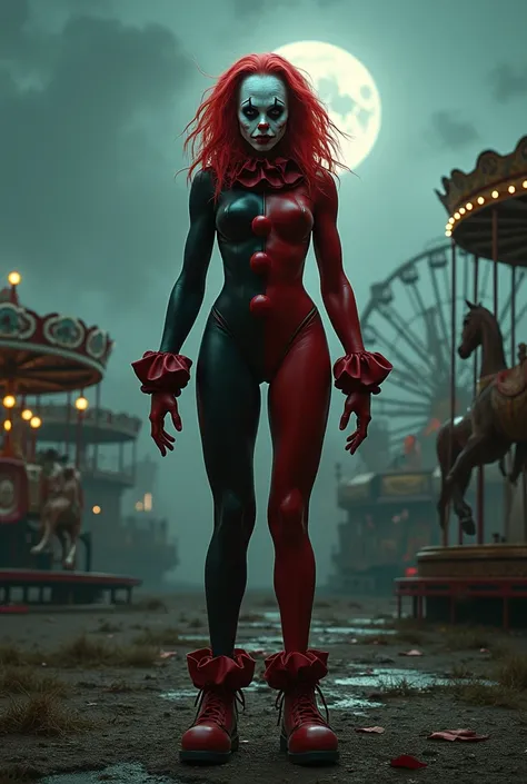 terrifying clown supervillain in a red and black suit , She's in an abandoned nighttime amusement park