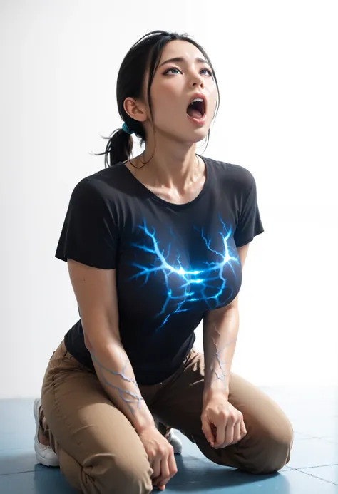 Realistic ((White background)) ((japan girl)) sexy girl (Black hair tied in a ponytail:1.4) ,black eye, Sharp face, (Black T-shirt:1.4), (Brown long pants:1.2) 1 girl,  rathing_questionable , ,score_9, score_8_up, score_7_up,  seductive, very long leg ((bi...