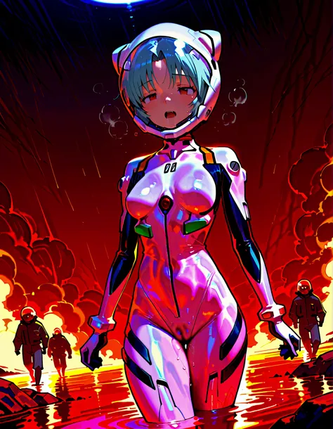 solo, evangelion art style, White plugsuit, skintight, tight fit, small breast, Rei Ayanami, red eyes, blue hair, Short hair, cute face, lovely face, white-skinned pretty girl, Short stature,Mass sweat,covered in sweat,steam, wet_skin, sweatdrop, A huge am...