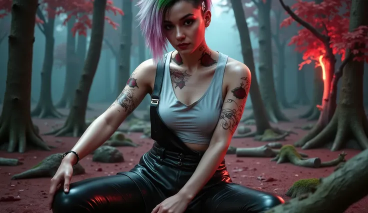 Moonscars grey irma, bloody epic poster, (white hair, white eyes, crimson sword of blood, bloody trees, dark forrest, blood splash, ciri face, scars, dark souls vibe) 32k UHD high resolution, highres, professional photography, intricate details, masterpiec...
