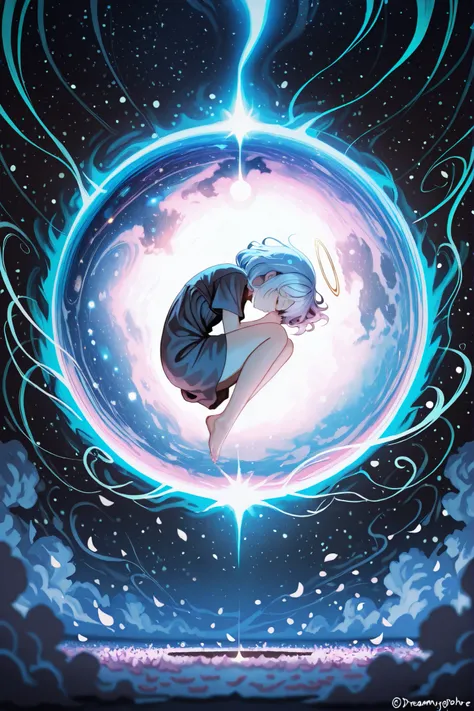 masterpiece, best quality,white-haired girl, wearing a purple pajama, curled up, peaceful expression, hypnosis, sleep-inducing atmosphere, surrounded by glowing sleepy soft  petals, sleepy galaxy space, sleepy pink magic aura, dreamlike background, floatin...
