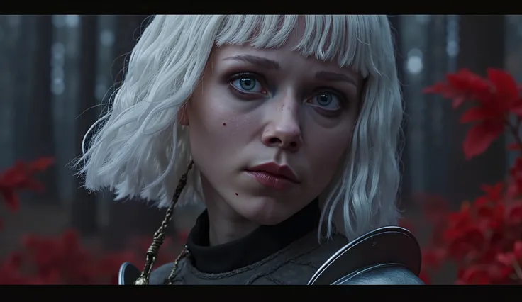 Moonscars grey irma, bloody epic poster, (white hair, white eyes, crimson sword of blood, bloody trees, dark forrest, blood splash, ciri face, scars, dark souls vibe) 32k UHD high resolution, highres, professional photography, intricate details, masterpiec...