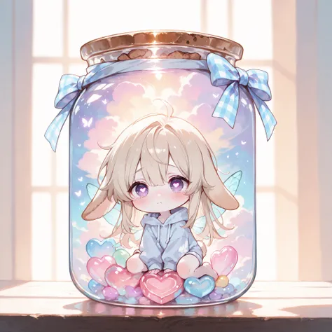 (masterpiece, high quality), Chibi, solo, 1 boy, close-up, soft lighting, Magical, fantasy, fairy tale, dreamy, otokonoko, bishounen,
inside a glass candy jar with cork lid, gingham ribbon bow on top of the jar, pastel tone clouds inside, Fairy in a bottle...