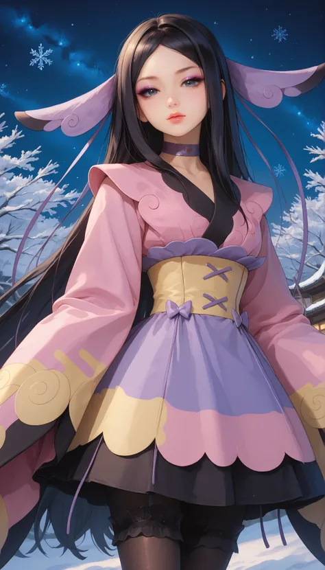 zzValerie, ethereal beauty, long hair, black hair, big black eyes, highly detailed face, glossy detailed lips, parted bangs, eyeshadow, hair ornament, black pantyhose, choker, dress, furisode, highly detailed clothing, japanese clothes, kimono, long flowin...