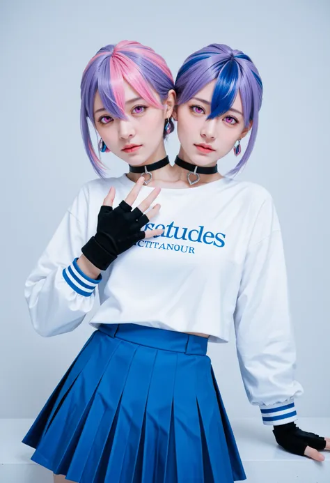 score_9_up, score_8_up, score_7_up,score_6_up, score_5_up, score_4_up , 1girl, solo, twoheads, 2heads, facing camera, conjoined, ((2 different hairstyles)),((SPLIT-COLOR HAIR)), Marhd, Mards, 1girl, solo, skirt, gloves, earrings, jewelry, bangs, blue eyes...