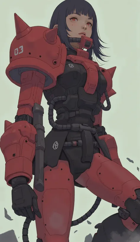 Zaku, dynamic dynamic action pose ,red、 a female character in a Zaku suit. Jersey style , the shoulder and chest are covered with large armor, Angle plate ,redいZaku、has a characteristic crest on the left shoulder、simple light gray background