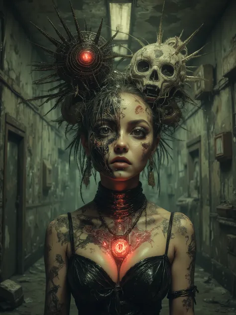 Sexy and charming girl with multiple personalities, slutty and vulgar second person, Psychosis, psychiatric abandoned hospital,  dual personality , headgear two personalities good and evil