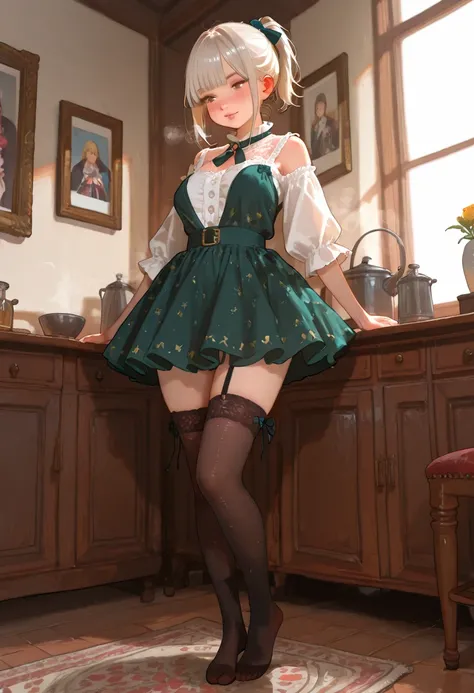  1 menina , standing , (, cabelo preto, short ponytail skirt,seios grandes,, Menina mina de mina  , Moda menina mina、Hand and foot accessories,wearing black knee-high socks.,, segurando dinheiro ,fundo preto）((A wide range of sound effects:1.2、Muita conver...