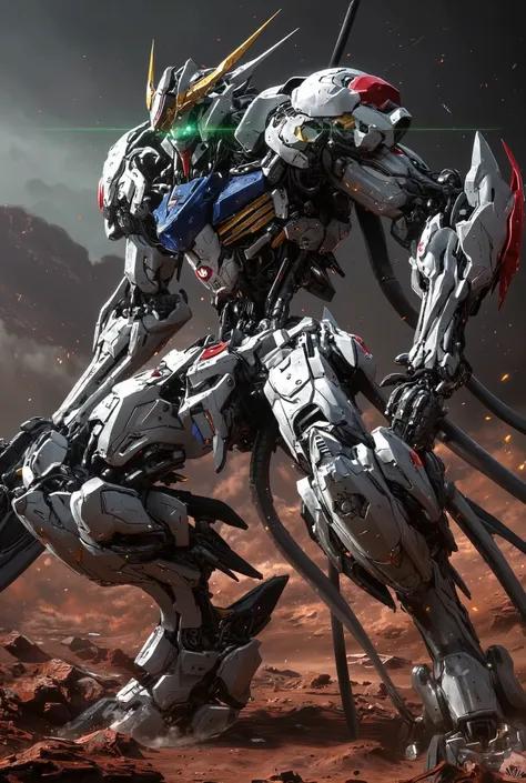 Robot Like Gundam Barbatos ,full body,detailed depiction of high-resolution photorealistic3D rendering style ,hyperrealism art,Mechanical Details of Gundam Barbatos' Face, ,Accurate Proportions of Gundam Barbatos, forward tilting action scene ,Accurate shi...